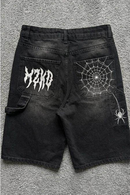 Siyah Taşlamalı Beyaz MZKD Spider Y2K Baggy Unisex Şort