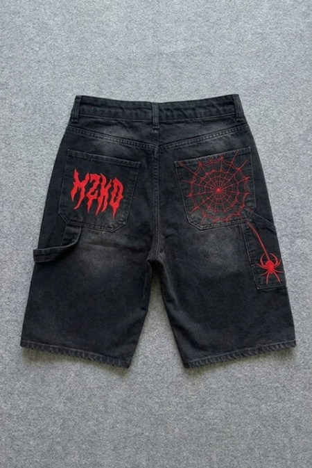 Siyah Taşlamalı kırmızı MZKD Spider Y2K Baggy Unisex Şort