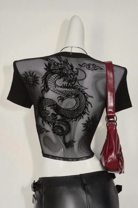 Siyah Transparan Dragon Y2K Kısa Kollu Crop
