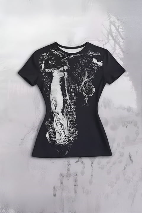 Siyah Vintage Angel Affliction Cyber Grunge Y2K Kısa Kollu Crop
