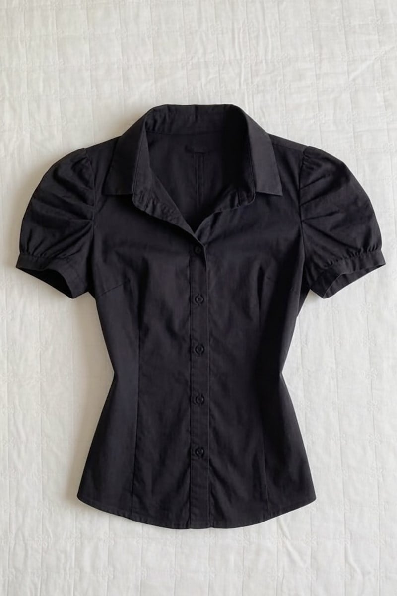 Siyah Vintage Mini Puff Sleeve Goth Y2K Kısa Kollu Gömlek