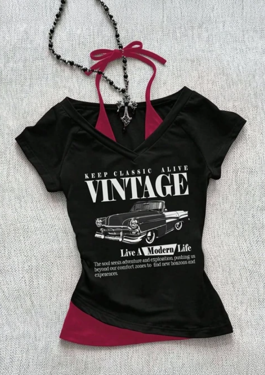 Siyah Vintage Modern Life Ek Askılı Y2K Kısa Kollu Crop