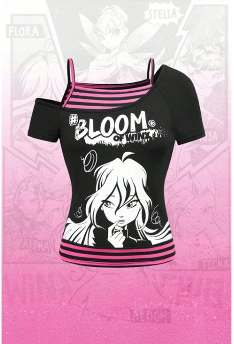 Siyah Winx Club Bloom Ek Askılı Y2K Kısa Kollu Crop