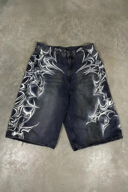Siyah Yıkamalı Tribal Grafiti Gotik Y2K Unisex Şortolon
