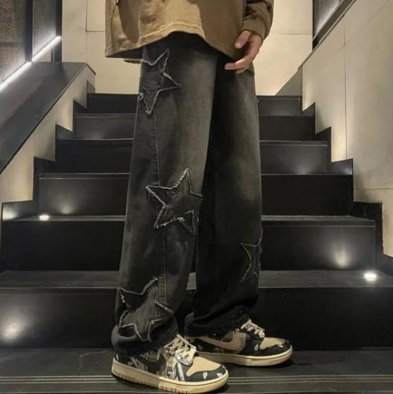 Y2k Siyah Yıldız Detail Bol Paça Relax Unisex Tech Pantolon