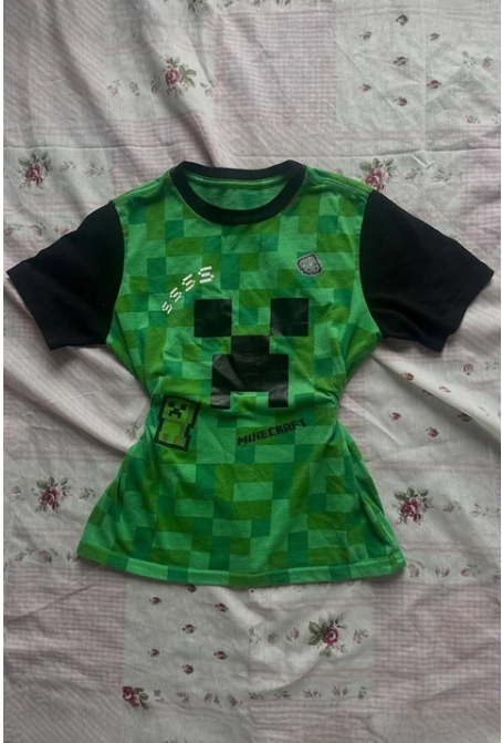 Yeşil Raglan Minecraft Creeper Y2K Kısa Kollu Crop