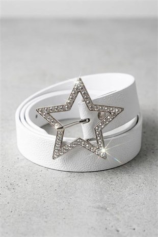 Beyaz Star Taşlı Deri Kemer