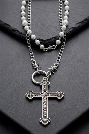 Silver İnci Şeritli Cross Diken Detaylı  Gotik Kolye
