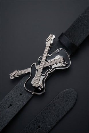 Siyah Double Guitar Gotik Deri Kemer