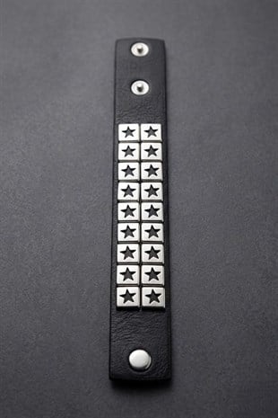 Siyah Silver Çift Şeritli Star Gotik Deri Bileklik