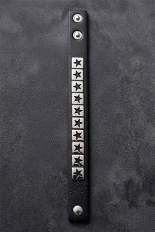 Siyah Silver Tek Şeritli Star Gotik Deri Bileklik