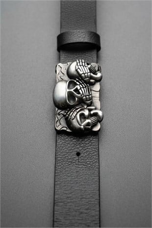 Siyah The Three Wise Skulls Belt Deri Kemer