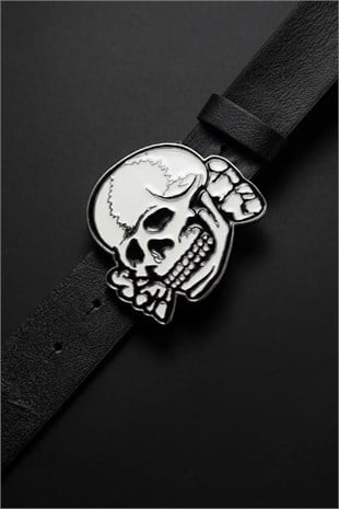 Siyah White Enamel Skull Deri Kemer