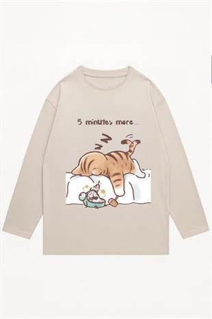 Bej Kawai ''5 Minutes Mere...'' Sleeping Cat Y2K İnce Kumaş Unisex Sweatshirt