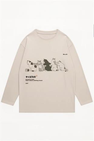 Bej Kawai Row Cats Y2K İnce Kumaş Unisex Sweatshirt