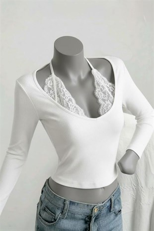 Beyaz Bağlamalı Dantelli Ekli Gotik Y2K Uzun Kollu Crop