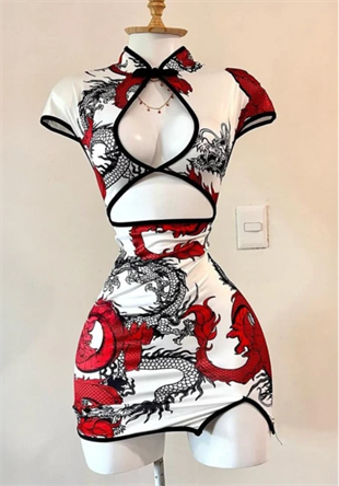 Beyaz Ejderha Motifli Pencere Detaylı Şeritli Qipao Elbise