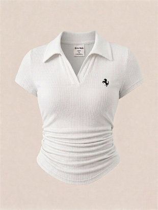 Beyaz  Polo Yaka Fitilli Premium Bluz