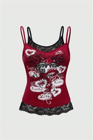 Bordo Gotik Coquette Love Dantel Detaylı Y2K Askılı Crop