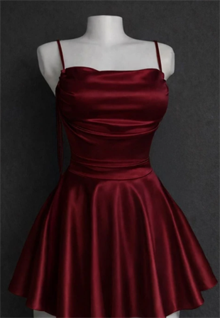 Bordo Saten Drape Detaylı İp Askılı Elbise