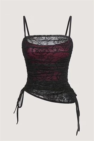 Bordo Transparan Dantelli Desenli Gotik Y2K Askılı Crop
