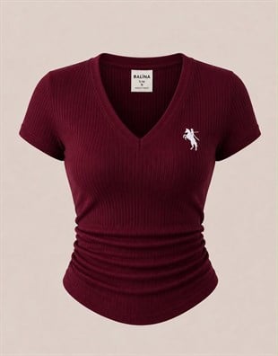 Bordo V Yaka Fitilli Premium Bluz