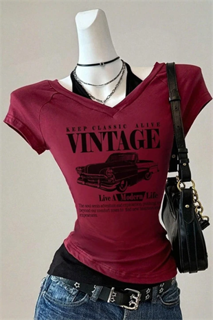 Bordo Vintage Modern Life Ek Askılı Y2K Kısa Kollu Crop