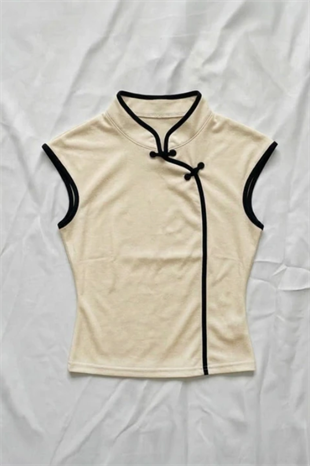 Ekru Mandarin Yaka Siyah Şeritli Qipao Y2K Kısa Kollu Crop