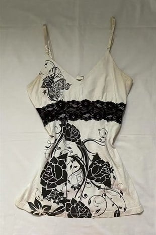 Ekru Rose Dantel Detaylı Y2K Askılı Crop
