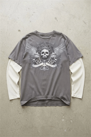 Füme King Skull Gotik Beyaz Kollu Unisex Sweatshirt