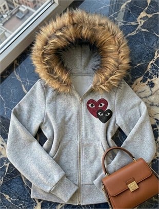 Gri Kürklü Hearth & Eyes Baskılı 3 İplik Y2K Kapüşonlu Hırka