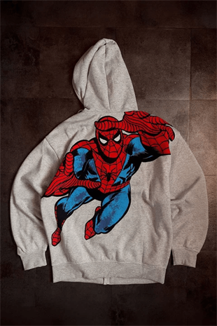 Gri Melanj Amazing Spider Cartoon Sırt Baskılı Unisex Hırka