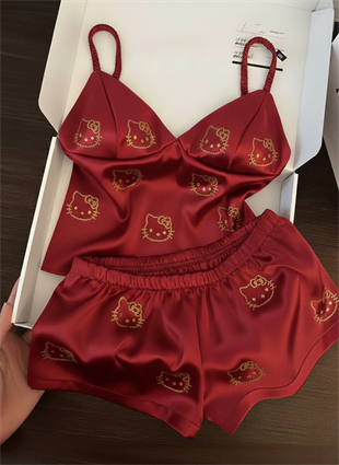Hello Kitty Taş Detaylı Şık Homewear Pijama Takımı bordo