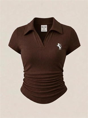 Kahverengi  Polo Yaka Fitilli Premium Bluz