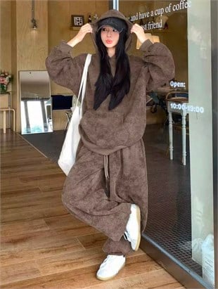 Kahverengi Washed Yıkama Desenli 3 İplik Eşofman Takımı