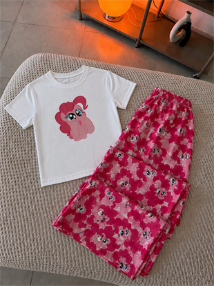 Kırmızı My Little Pony Pinkie Pie Desenli T-shirt Şık Alt Üst Takım