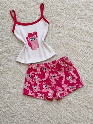 Kırmızı My Little Pony Rarity Desenli Şık Alt Üst Kısa Takım