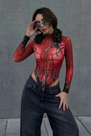 Kırrmızı Spider Flame Baskılı Cosplay Y2K Uzun Kollu Çıtçıtlı Body