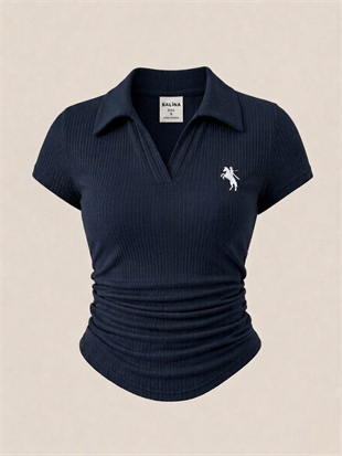 Lacivert  Polo Yaka Fitilli Premium Bluz