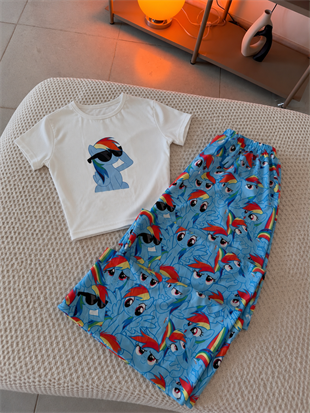 Mavi My Little Pony Rainbow Dash Desenli Şık Crop Alt Üst Takımı