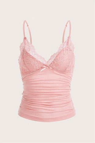 Pembe Dantel Detaylı Fiyonklu Y2K Askılı Crop