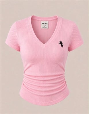 Pembe V Yaka Fitilli Premium Bluz