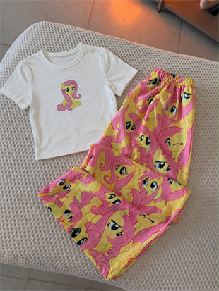 Sarı My Little Pony Fluttershy Desenli Şık Crop Alt Üst Takım