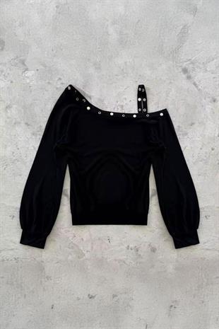 Siyah Askılı Omuz Dekolteli Düğme Detaylı 2K Uzun Kollu Crop