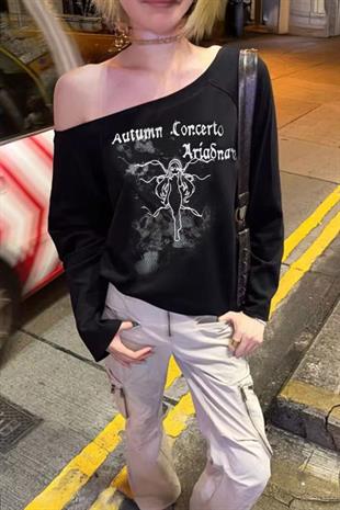 Siyah Autumun Corcerto Salaş Omuz Dekolteli Uzun Kollu