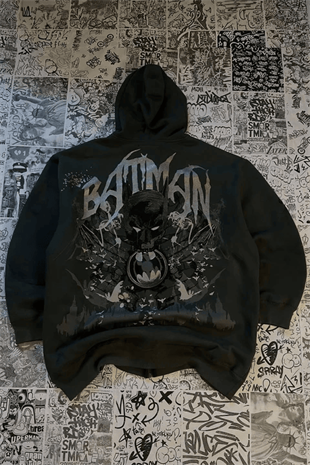 Siyah Batman Sırt Baskılı Cartoon Unisex Hırka