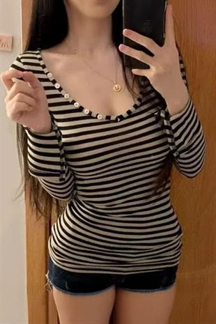 Siyah Beyaz Çizgili Düğmeli 2K Uzun Kollu Crop