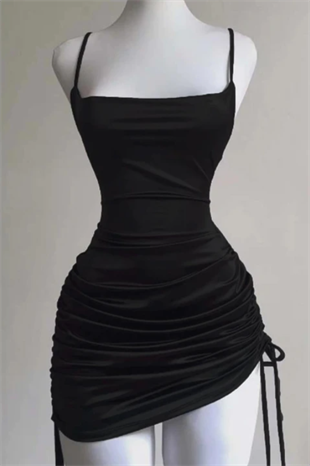 Siyah Büzgülü Sırt İpli & Dekolteli Askılı Gotik Y2K Elbise