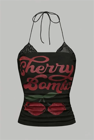 Siyah Cherry Bomb Dantelli Ek Y2K Askılı Crop