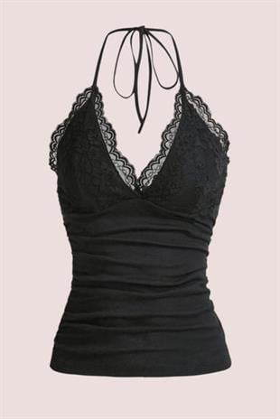 Siyah Dantelli V Yaka Gothic Boyun Bağlamalı Full Body Crop